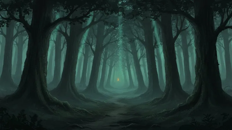 Cover painting for The Emberwood: a narrow path between towering trees, low mist lit by cool jade light, a faint ember glow deep in the forest.