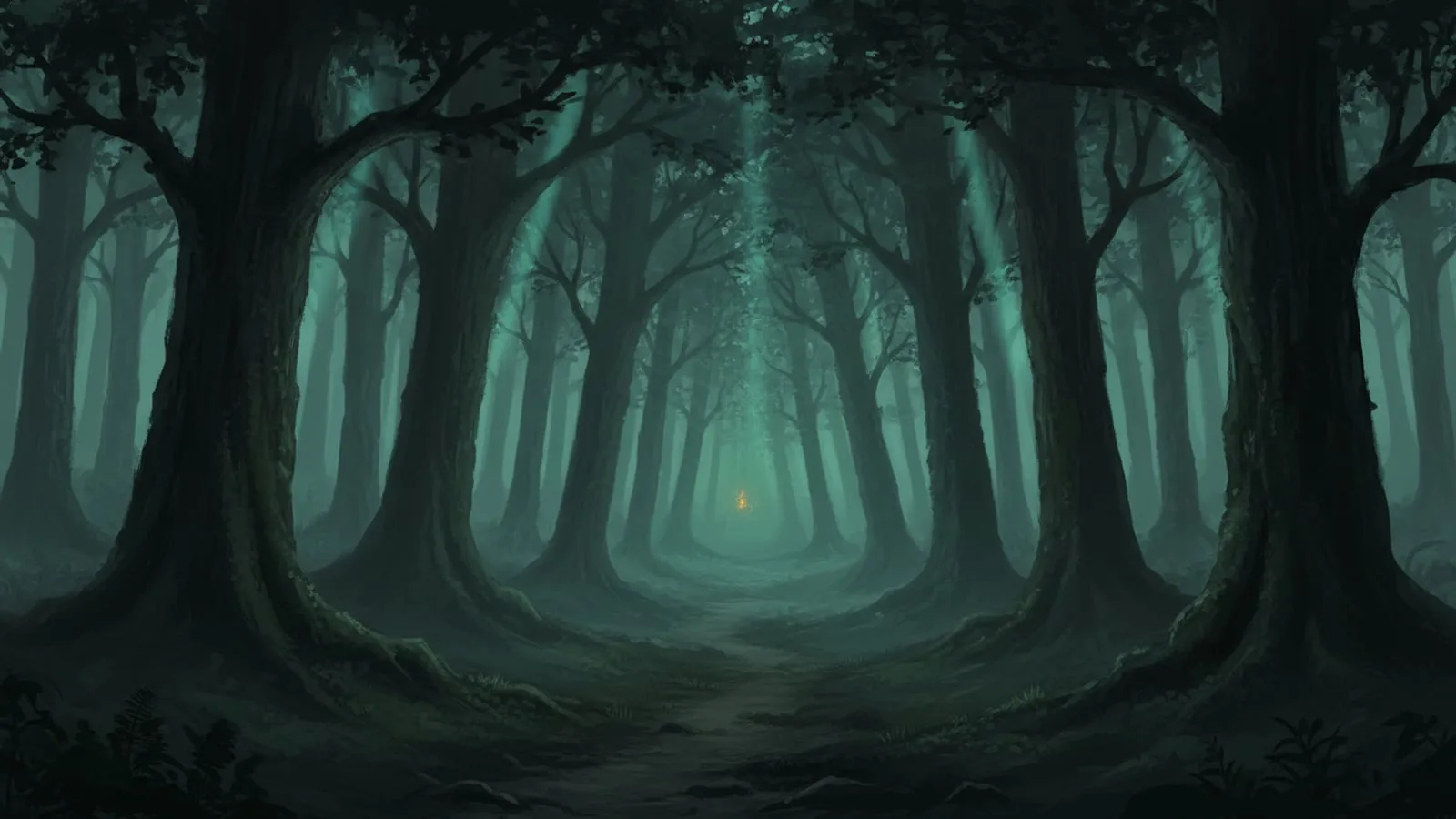 Cover painting for The Emberwood: a narrow path between towering trees, low mist lit by cool jade light, a faint ember glow deep in the forest.