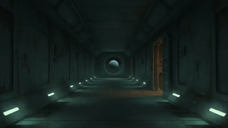 Cover painting for Ironreach Station: an empty corridor lit by pale green floor lights, a round porthole showing a dim planet, a door left half open.