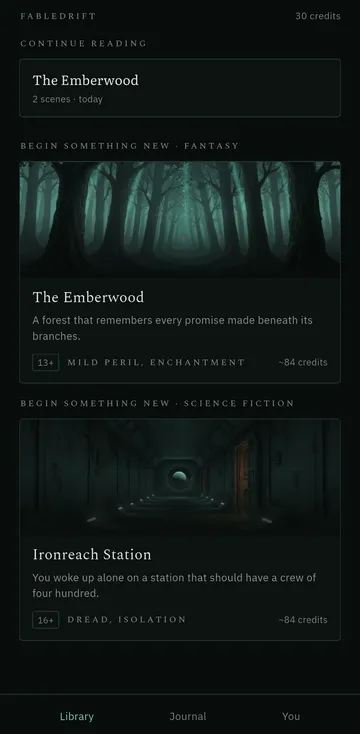The Fabledrift library on a phone: a story in progress under Continue reading, then the two world covers with their genre, content rating and the cost of a full story shown once.