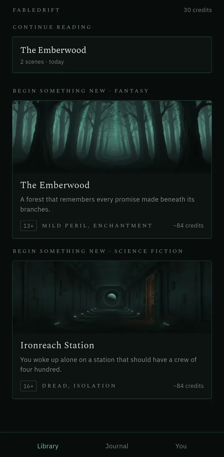 The Fabledrift library on Android, showing a credit balance in the top corner and two world covers, each with its content rating and an estimated cost for a whole story