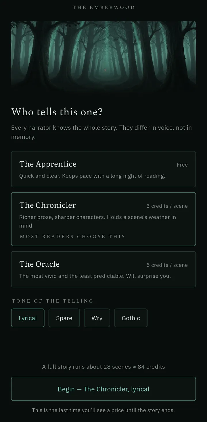 Choosing a narrator in Fabledrift on a phone: the Apprentice is free, the Chronicler and the Oracle cost credits per scene, and the line at the bottom reads This is the last time you’ll see a price until the story ends.