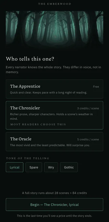 Choosing a narrator in Fabledrift: the Apprentice is free, the Chronicler and the Oracle cost credits per scene, and a line at the bottom says this is the last time you will see a price until the story ends.