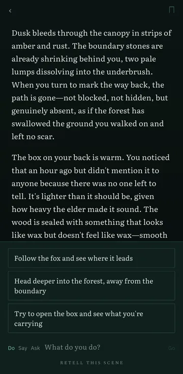 A Fabledrift story page on a phone: a scene of prose about dusk in a forest, three suggested openings below it, and a line that reads What do you do? with Do, Say and Ask tabs.